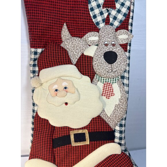 Cambridge Christmas Stocking Santa Reindeer Applique Quilted  Cotton Gingham 17" - Picture 2 of 6